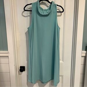 Pomander Place Elegant Aqua Blythe Sleeveless Ruffle Tie Neck Dress. Size Large.